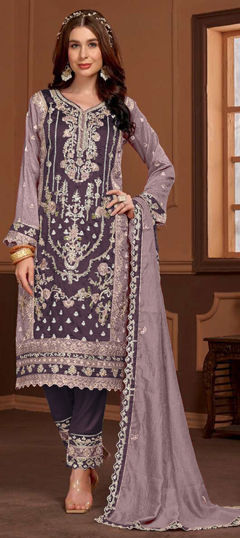 Beige and Brown color Salwar Kameez in Art Silk fabric with Embroidered, Mirror, Sequence, Stone, Thread work