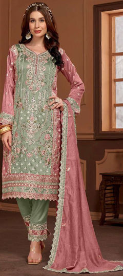 Green, Pink and Majenta color Salwar Kameez in Art Silk fabric with Embroidered, Mirror, Sequence, Stone, Thread work