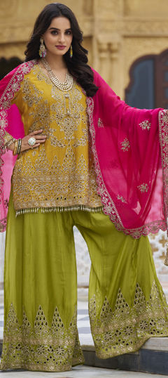 Green, Yellow color Salwar Kameez in Silk fabric with Embroidered, Sequence, Thread, Zari work