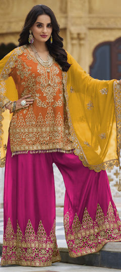 Orange, Pink and Majenta color Salwar Kameez in Silk fabric with Embroidered, Sequence, Thread, Zari work