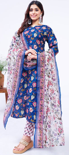 Blue color Salwar Kameez in Blended Cotton fabric with Floral, Printed work