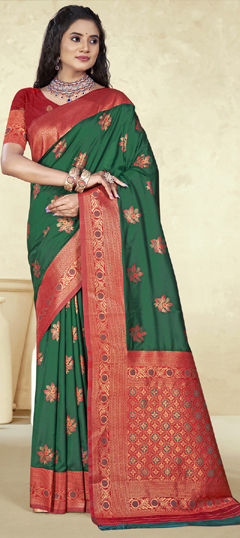 Green color Saree in Silk fabric with Weaving work