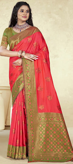 Pink and Majenta color Saree in Silk fabric with Weaving work