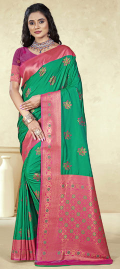 Green color Saree in Silk fabric with Weaving work