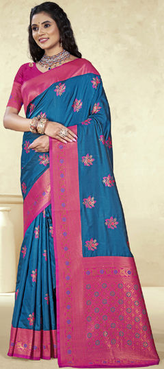 Blue color Saree in Silk fabric with Weaving work