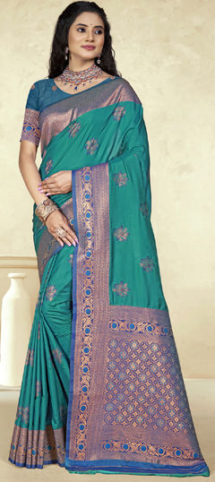 Green color Saree in Silk fabric with Weaving work