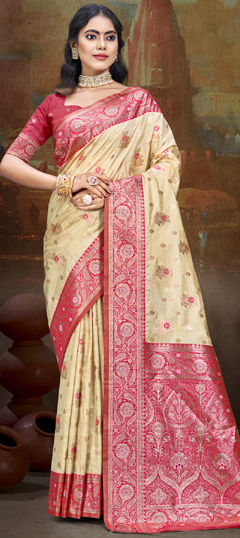 Gold, Pink and Majenta color Saree in Silk fabric with Weaving work