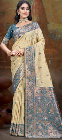 Blue, Gold color Saree in Silk fabric with Weaving work