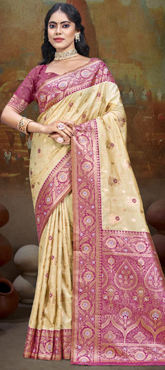 Gold, Red and Maroon color Saree in Silk fabric with Weaving work