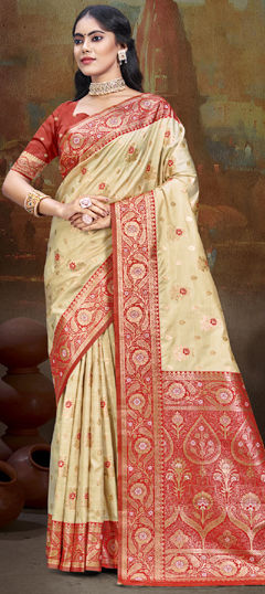 Gold, Orange color Saree in Silk fabric with Weaving work