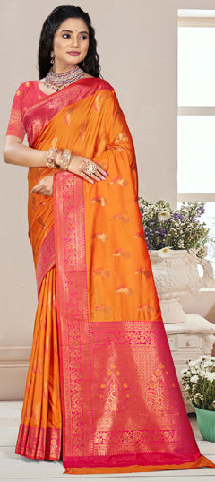 Orange color Saree in Silk fabric with Weaving work