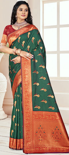 Green color Saree in Silk fabric with Weaving work