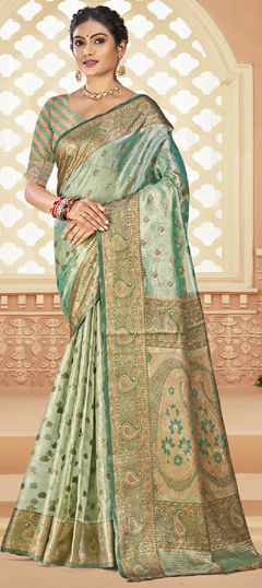 Green color Saree in Silk fabric with Weaving work