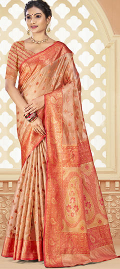 Orange color Saree in Silk fabric with Weaving work