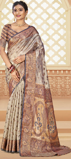 Silver color Saree in Silk fabric with Weaving work