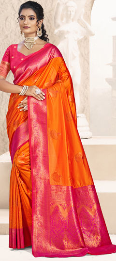 Orange color Saree in Silk fabric with Weaving work