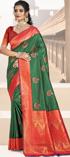 Green color Saree in Silk fabric with Weaving work