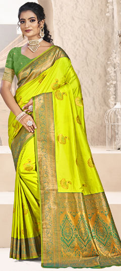 Yellow color Saree in Silk fabric with Weaving work