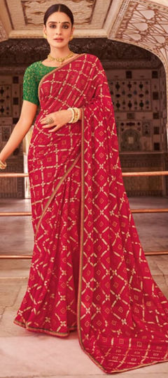 Red and Maroon color Saree in Chiffon fabric with Printed work