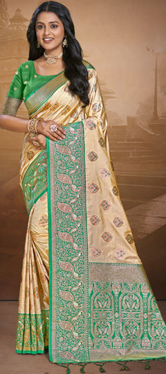 Gold, Green color Saree in Silk fabric with Weaving work
