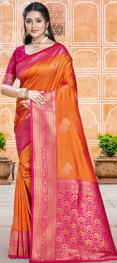 Orange color Saree in Silk fabric with Weaving work