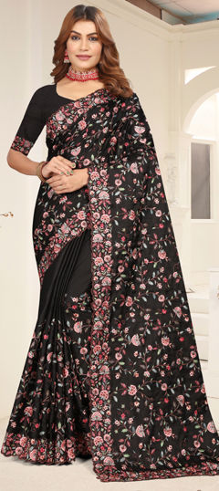 Black and Grey color Saree in Tussar Silk fabric with Embroidered, Resham, Thread work