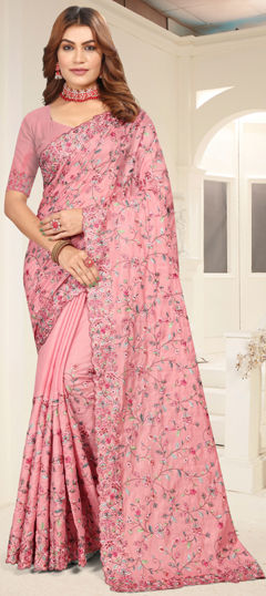 Pink and Majenta color Saree in Tussar Silk fabric with Embroidered, Resham, Thread work