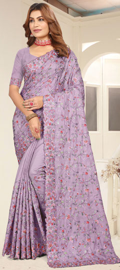 Purple and Violet color Saree in Tussar Silk fabric with Embroidered, Resham, Thread work