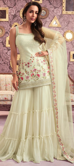 White and Off White color Salwar Kameez in Georgette fabric with Embroidered, Sequence, Thread work