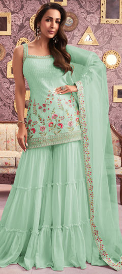 Green color Salwar Kameez in Georgette fabric with Embroidered, Sequence, Thread work