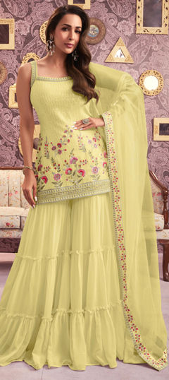 Yellow color Salwar Kameez in Georgette fabric with Embroidered, Sequence, Thread work