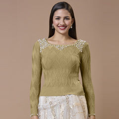 Beige and Brown color Blouse in Woolen fabric with Embroidered, Thread work