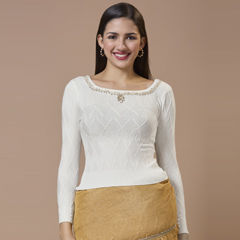 White and Off White color Blouse in Woolen fabric with Embroidered, Thread work