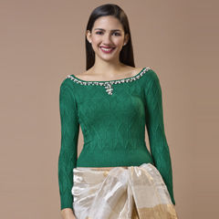 Green color Blouse in Wooden fabric with Embroidered, Thread work