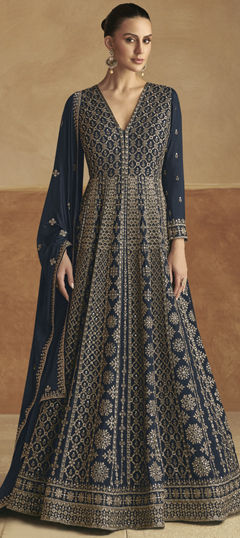 Blue color Gown in Silk fabric with Embroidered, Sequence, Thread work