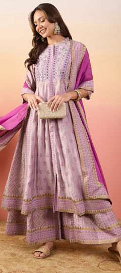 Purple and Violet color Salwar Kameez in Silk fabric with Embroidered, Thread, Weaving work