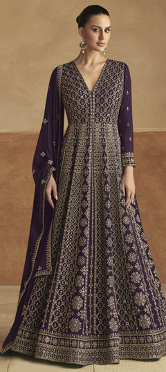 Purple and Violet color Gown in Silk fabric with Embroidered, Sequence, Thread work