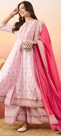 Pink and Majenta color Salwar Kameez in Silk fabric with Embroidered, Thread, Weaving work