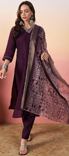 Purple and Violet color Salwar Kameez in Silk fabric with Embroidered, Thread, Weaving work