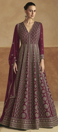 Red and Maroon color Gown in Silk fabric with Embroidered, Sequence, Thread work