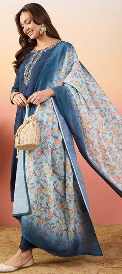 Blue color Salwar Kameez in Silk fabric with Embroidered, Thread, Weaving work