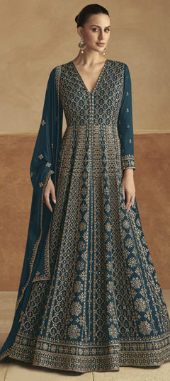 Blue color Gown in Silk fabric with Embroidered, Sequence, Thread work