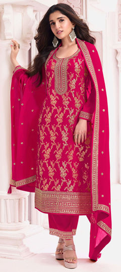 Pink and Majenta color Salwar Kameez in Viscose fabric with Embroidered, Sequence, Thread work