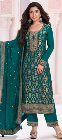 Blue color Salwar Kameez in Viscose fabric with Embroidered, Sequence, Thread work