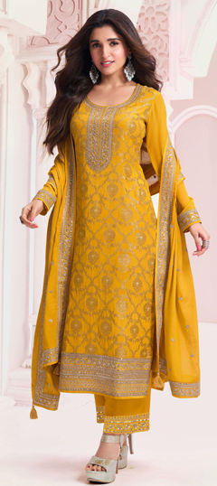 Yellow color Salwar Kameez in Viscose fabric with Embroidered, Sequence, Thread work