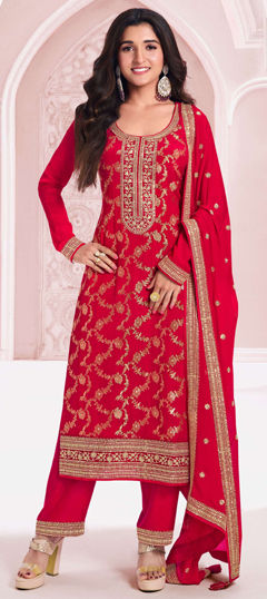 Red and Maroon color Salwar Kameez in Viscose fabric with Embroidered, Sequence, Thread work