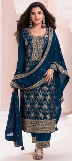 Blue color Salwar Kameez in Viscose fabric with Embroidered, Sequence, Thread work