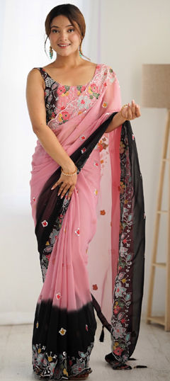 Black and Grey color Saree in Georgette fabric with Embroidered, Sequence, Thread work