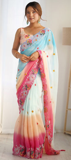 Blue color Saree in Georgette fabric with Embroidered, Sequence, Thread work