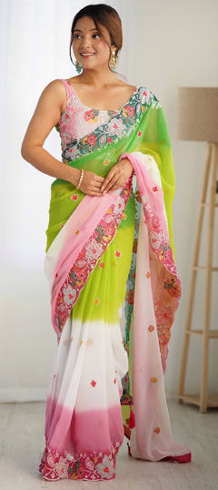 Green color Saree in Georgette fabric with Embroidered, Sequence, Thread work